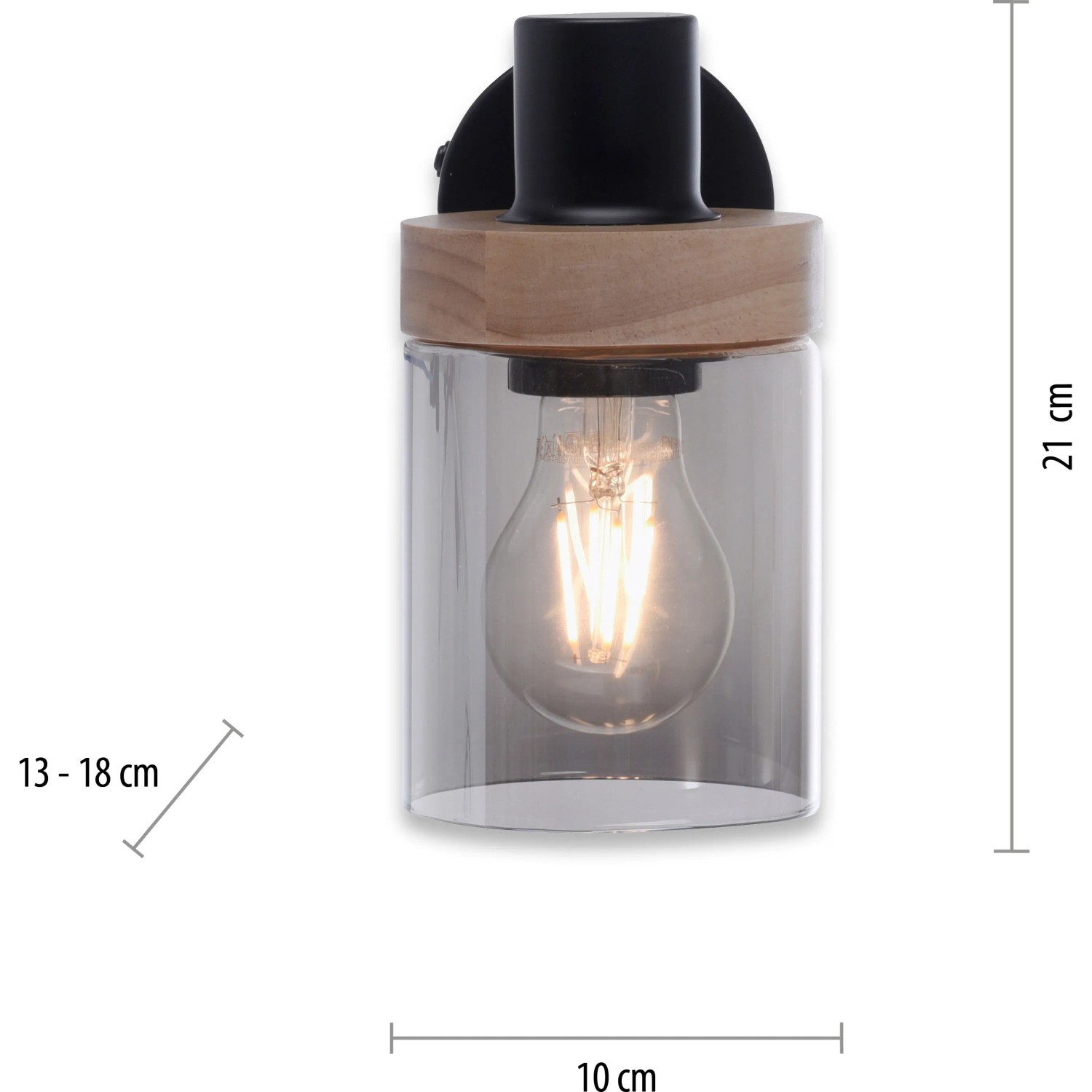 Schwarze Wandleuchte Pasqual mit Rauchglas und Holzelementen, 1-flammig.