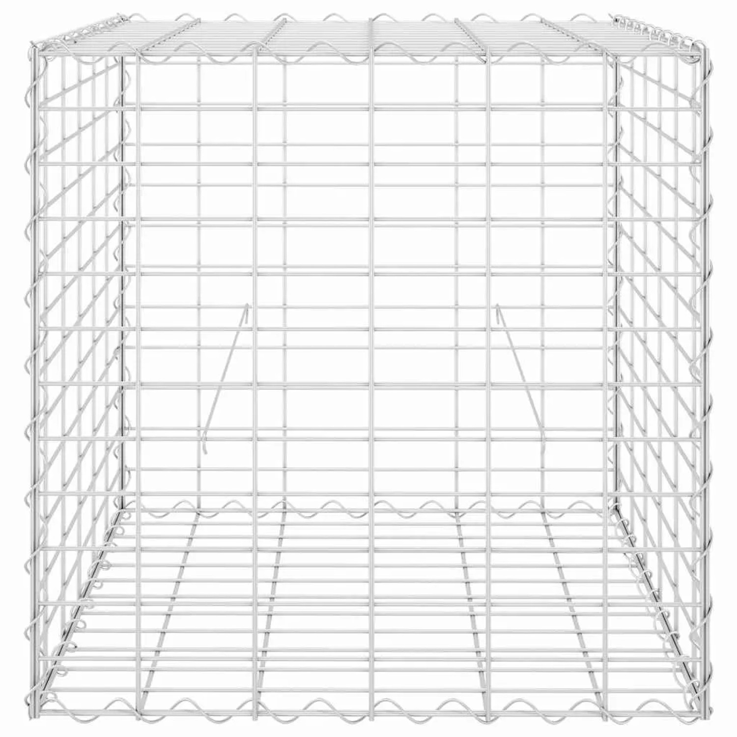Leere, silberne furnicato Würfel-Gabione (60x60x60 cm) aus Stahldraht für Hochbeete.