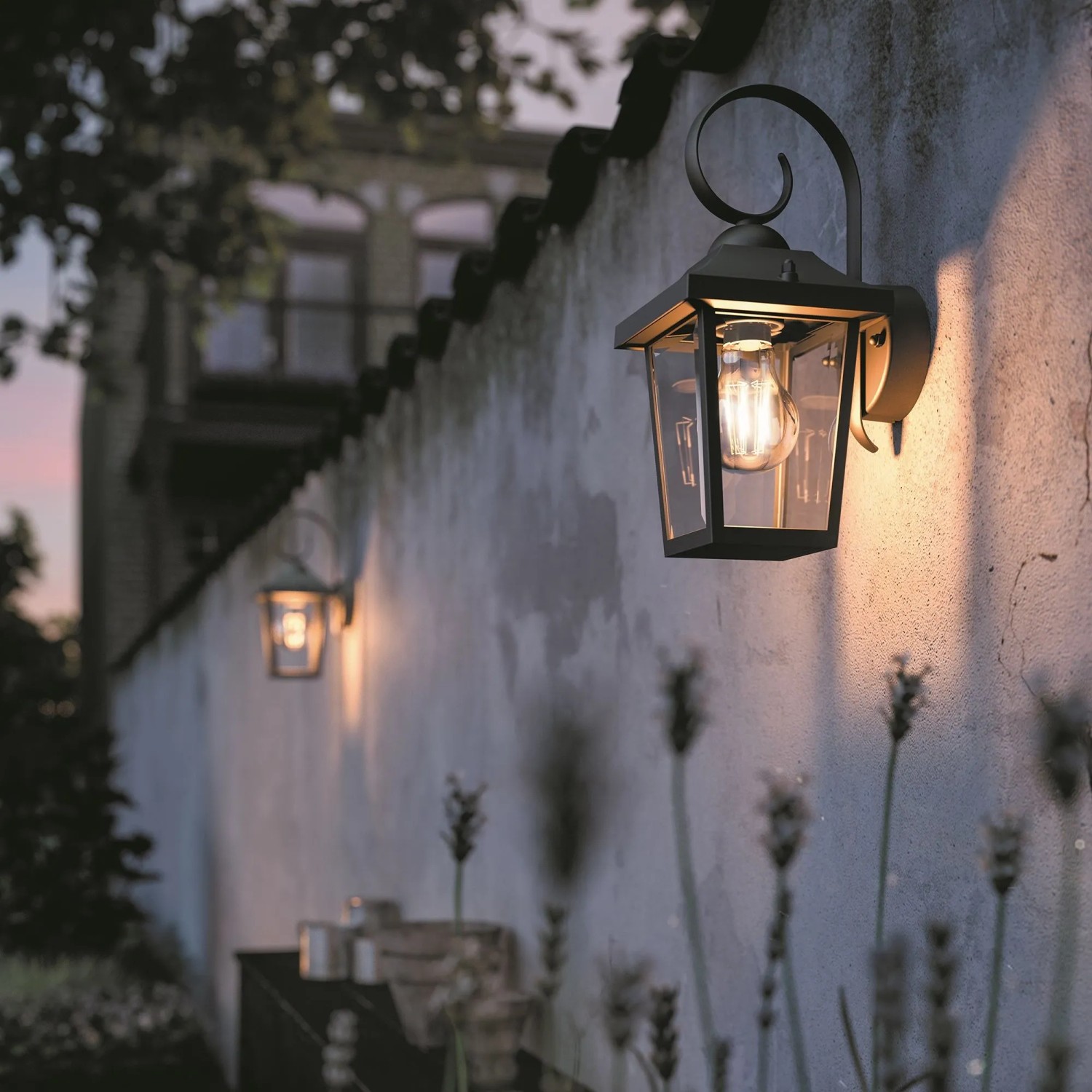 Schwarze Philips Buzzard Außenwandleuchte im Vintage-Stil leuchtet warm an einer Gartenmauer. Stimmungsvolle Beleuchtung.
