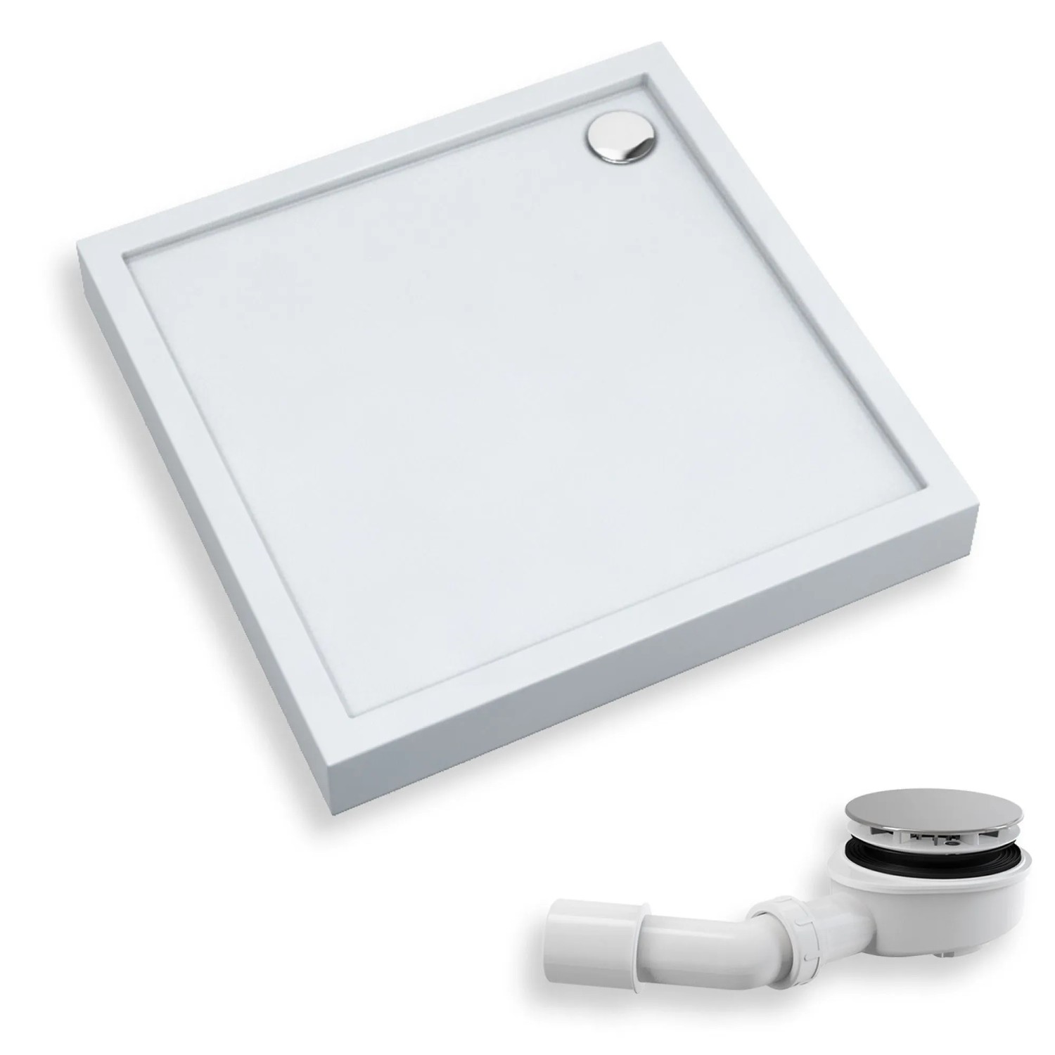 KOLMAN DUSCHWANNE Quadratisch Weiß 80x80 cm Set mit Ablaufgarnitur und Füßen