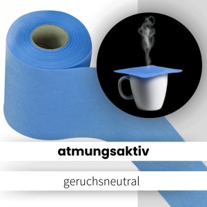 Hellblauer Sensalux Vlies-Tischläufer (15cm x 25m) auf Rolle, mit Tasse als Beispielanwendung.