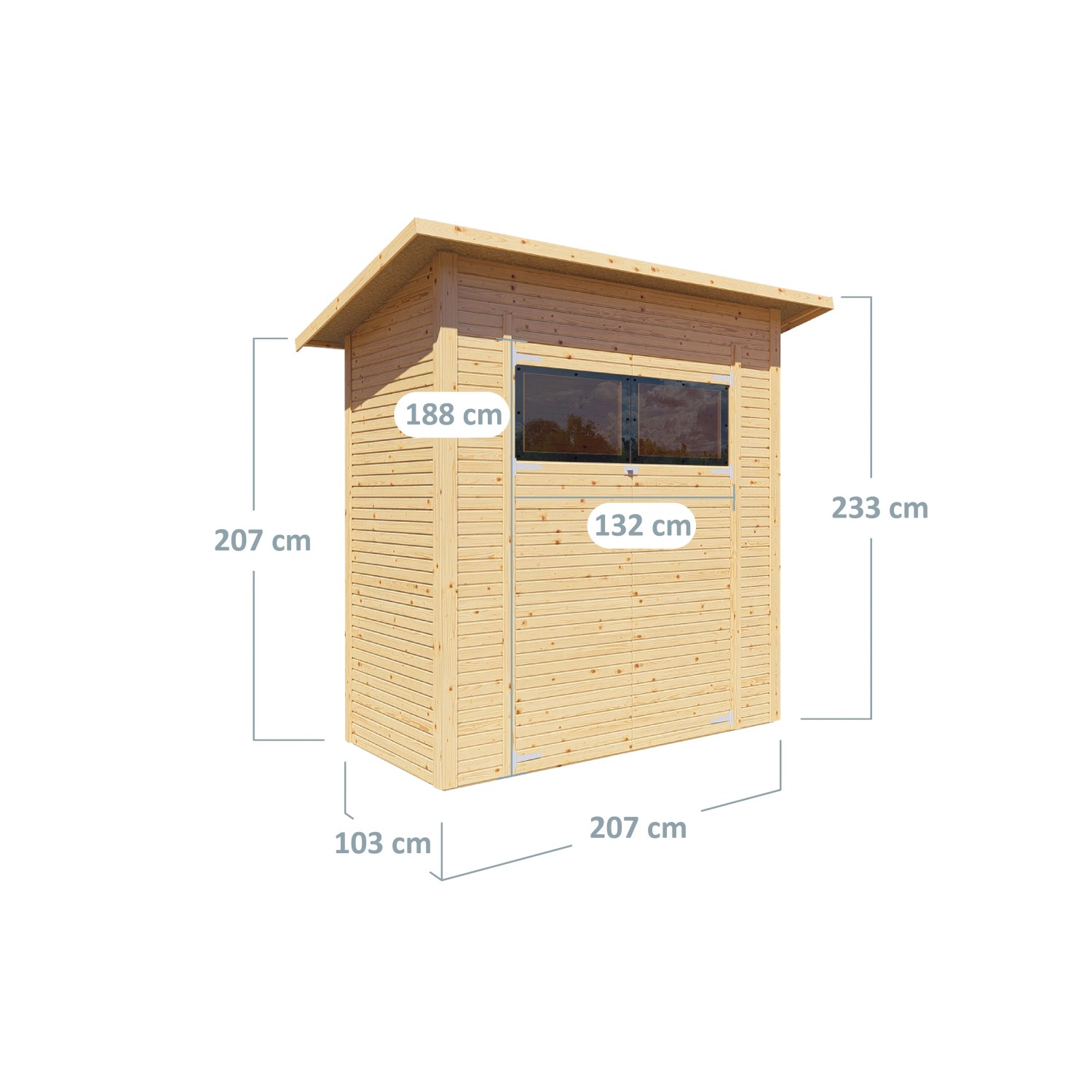 Bertilo Gerätehaus Pent Modern, Naturholz, 208x103 cm, mit Maßangaben. Weekendhaus mit Fenster.