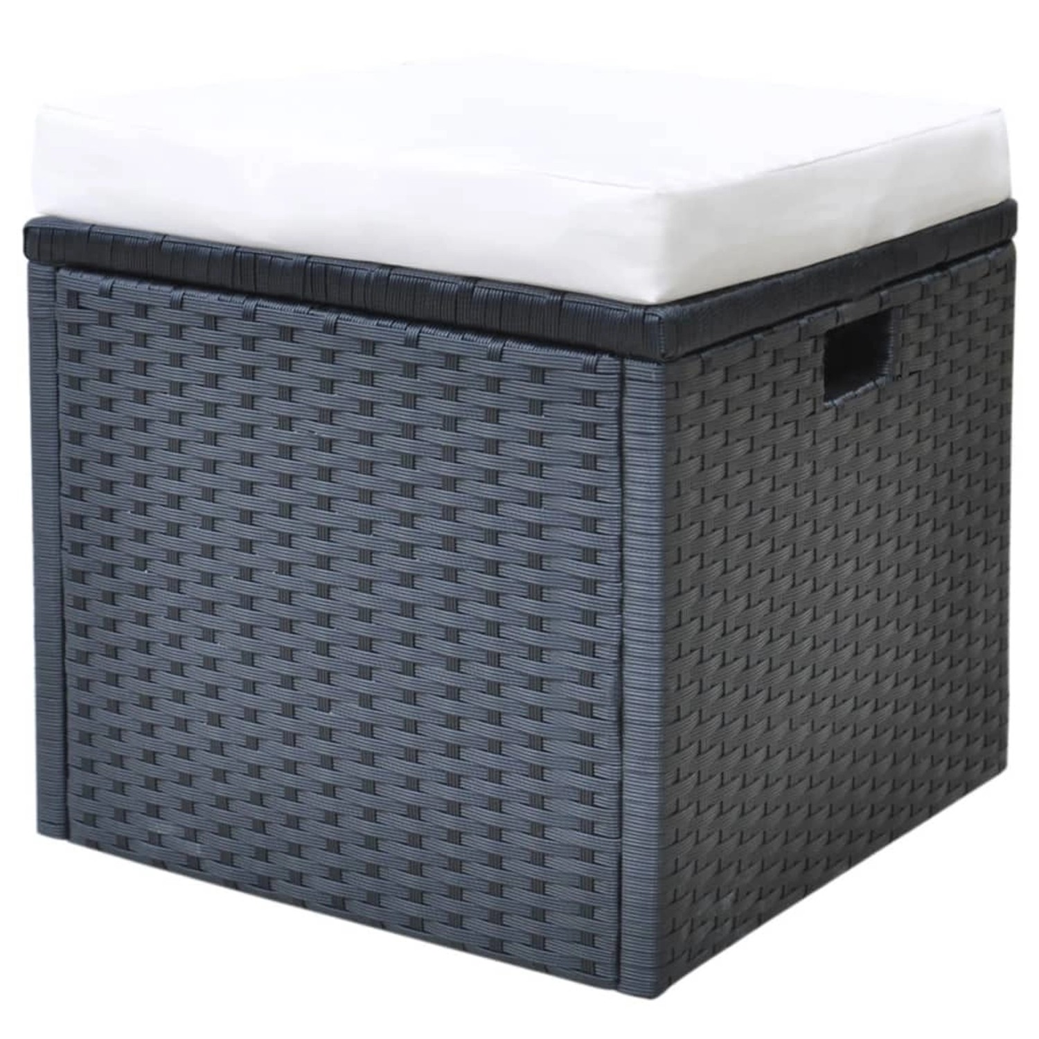 Schwarzer Rattan Hocker mit weißem Kissen, Teil der vidaXL Garten-Essgruppe.