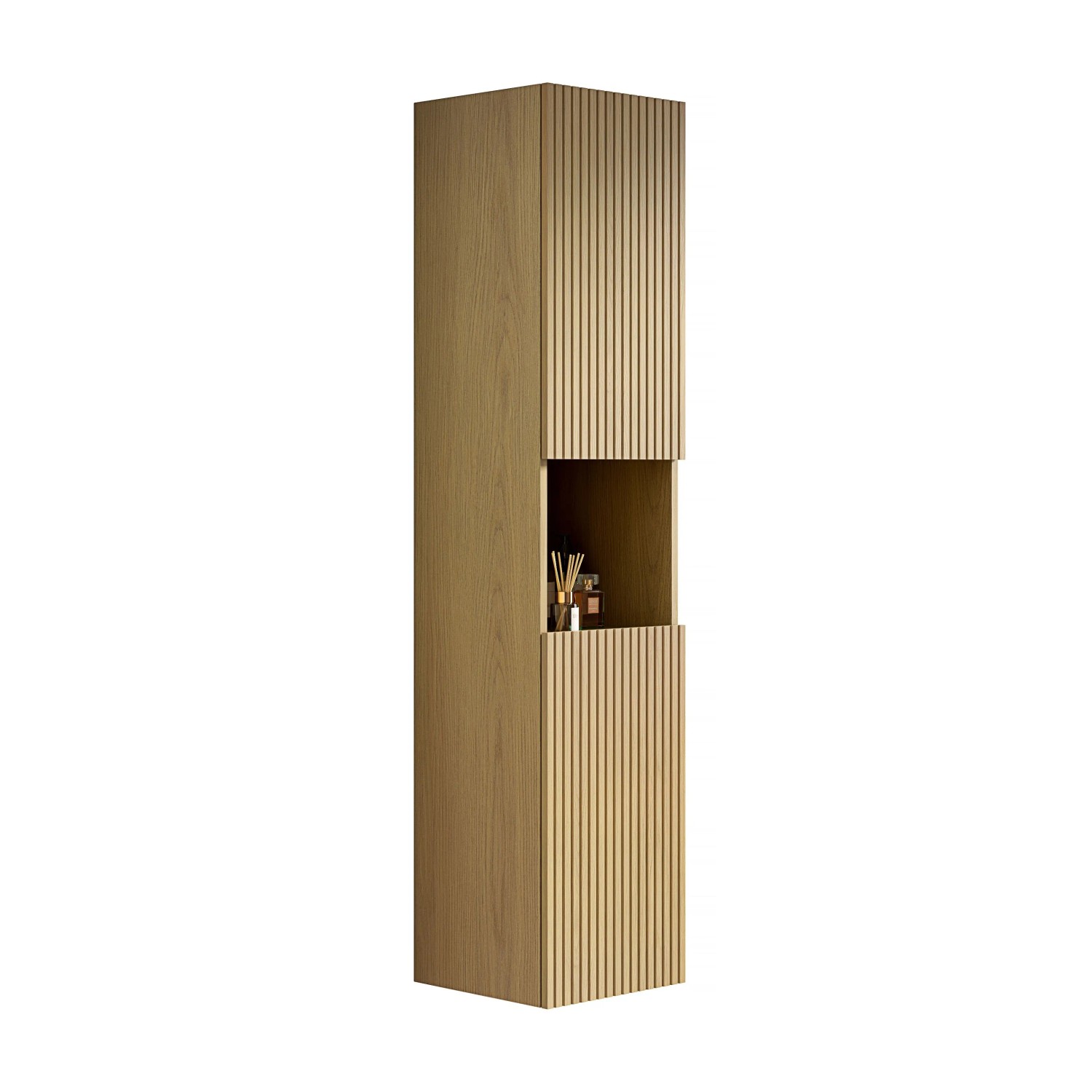 PXloue Bad-Hochschrank 160 cm Schmal Badschrank mit 2 Türen Offenem Fach Aufbewahrungsschrank Weiße Eiche Holzoptik Gold