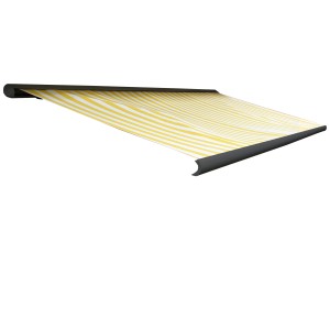 Elektrische Kassettenmarkise in Gelb/Weiß mit anthrazitfarbenem Rahmen, ausgefahren.