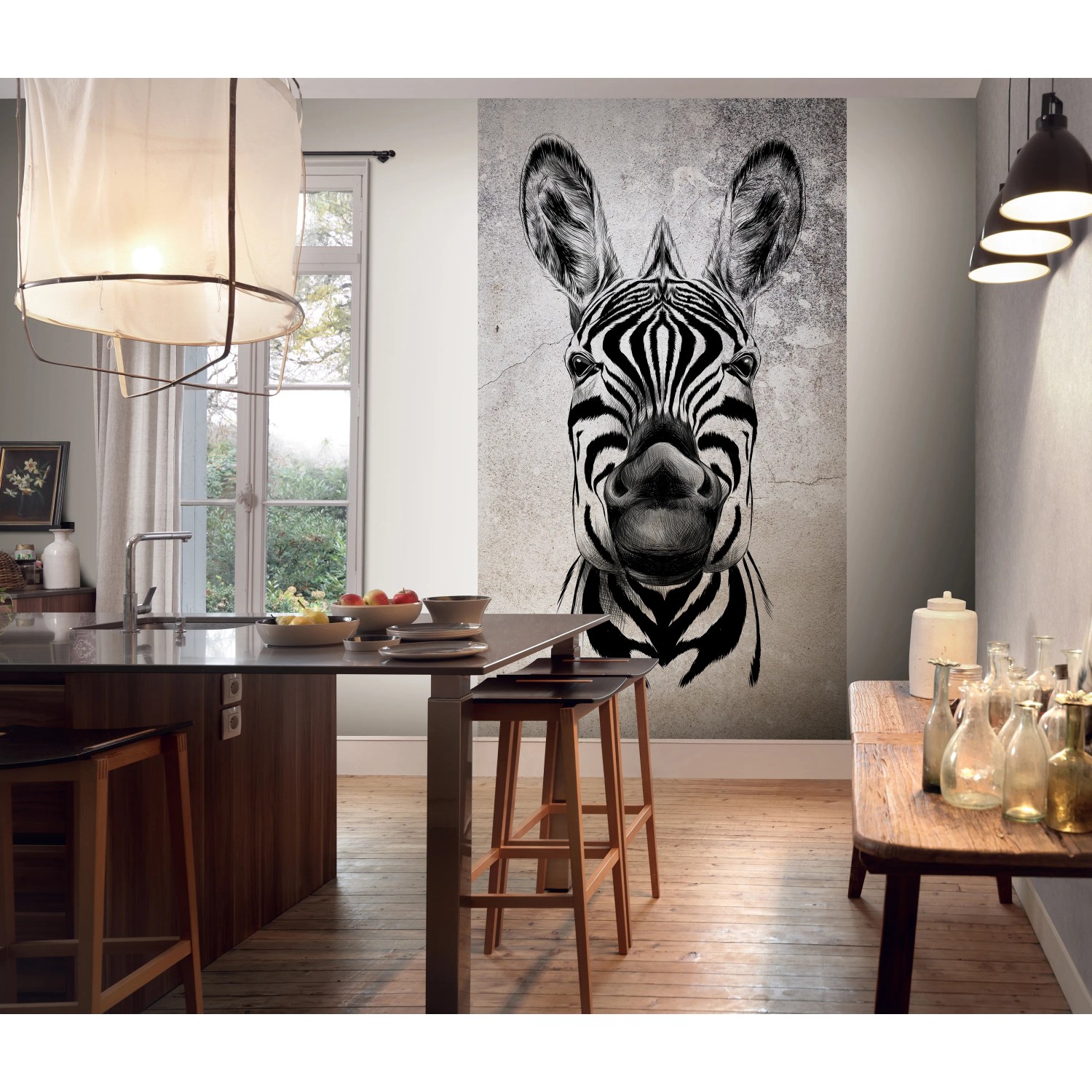 Erismann Fototapete Zooom Cool Zebra, 270x150 cm, mit Zebra-Motiv in Küche.