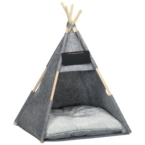 Graues PawHut Katzenhaus im Tipi-Design mit weichem Kissen. Gemütlicher Katzenkorb für drinnen.