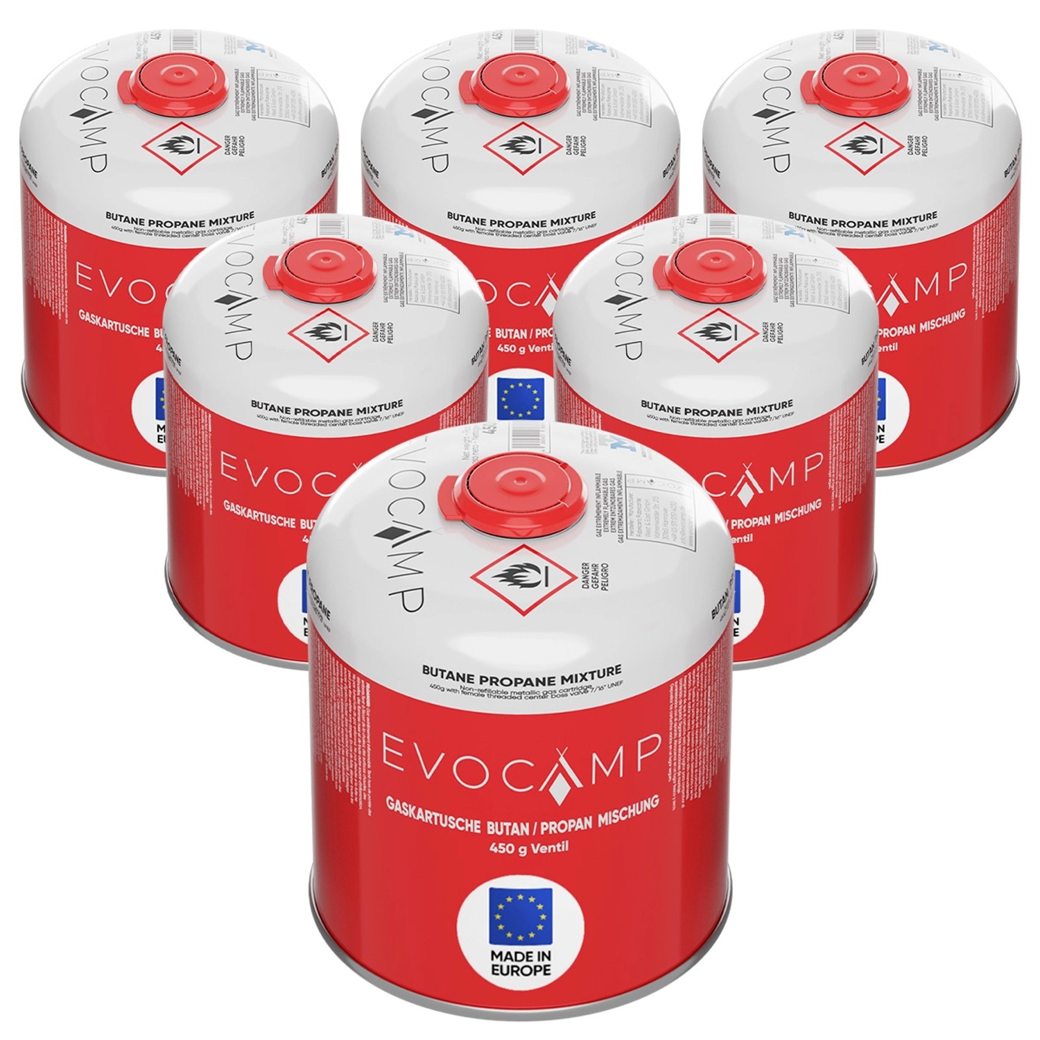 Evocamp Propan Butan 6 Stück Gaskartusche 450g Schraubkartusche Eurogewinde Sicherheitsverschluss für Campingkocher