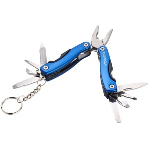 Offenes blaues LUX Mini-Multitool 12-in-1 mit Zange, Messer, Schraubendreher und Schlüsselring.