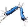 Offenes blaues LUX Mini-Multitool 12-in-1 mit Zange, Messer, Schraubendreher und Schlüsselring.