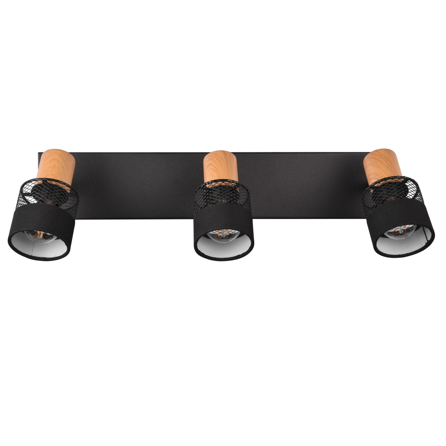 Schwarzer Trio Spot Nandini mit drei Leuchten, Holzdetails und Stoffschirmen. Modern und stilvoll.