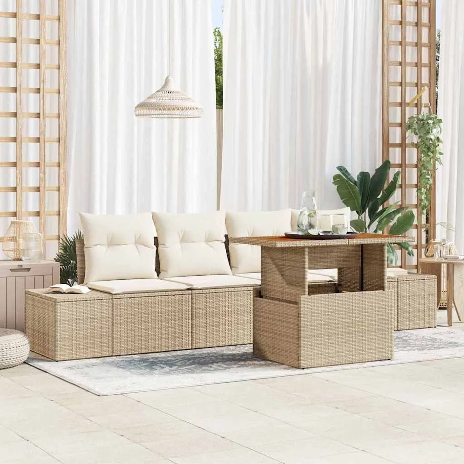 Beige vidaXL Garten Essgruppe mit Kissen, 5-teilig, aus Polyrattan und Akazienholz.