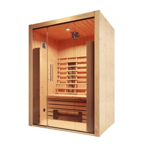Weka Infrarotkabine Hamina 2 mit Linienstrahlern und Glasfront aus Fichtenholz.