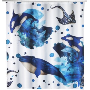 Wenko Duschvorhang Aquaris mit Walen, Orcas und Rochen aus recyceltem Polyester.