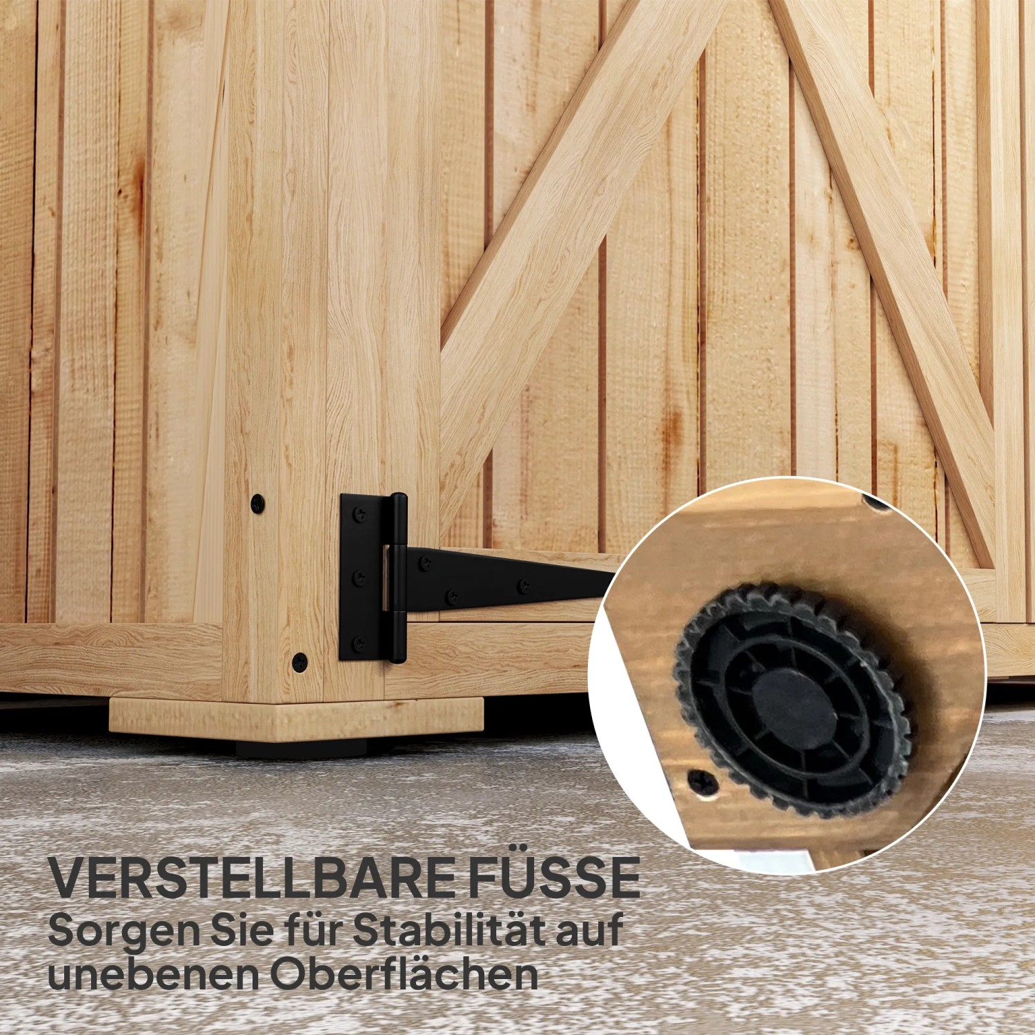 Detailaufnahme: Verstellbare Füße am Outsunny Gartenschrank aus Tannenholz für Stabilität.