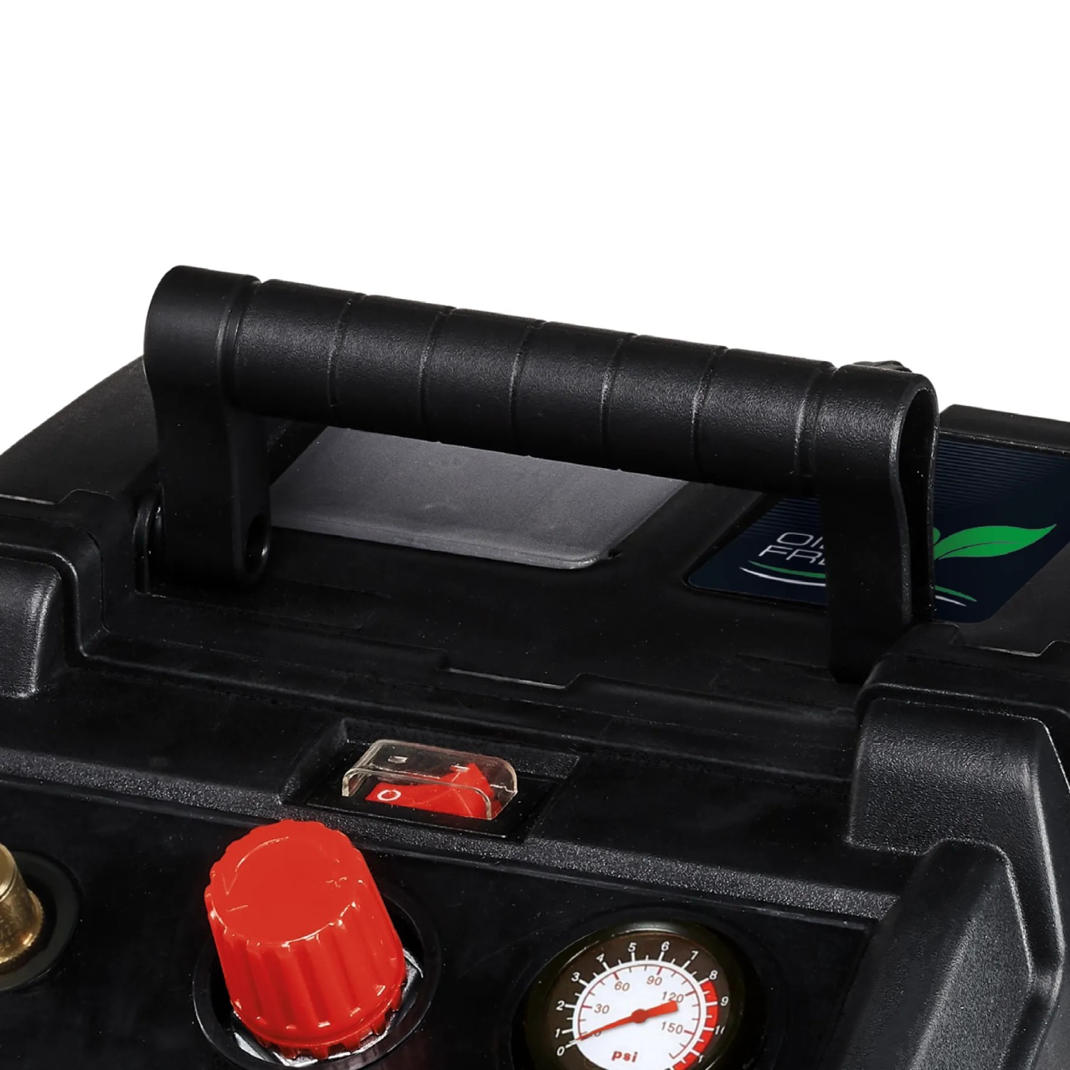 Detailaufnahme des Einhell Kompressor TC-AC 190/6/8 Ölfrei mit Tragegriff, Manometer und rotem Einstellknopf.