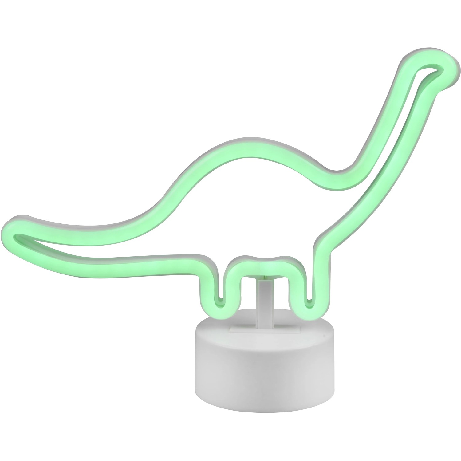 Weiße LED Tischleuchte Bronto in Dinosaurierform mit grünem Licht.