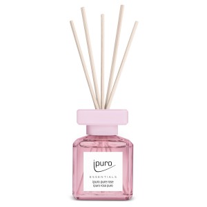 Ipuro Raumduft Pure Rose (50 ml) mit Duftstäbchen in rosa Glasflasche.