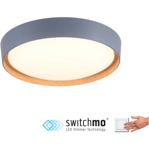 Moderne graue LED-Deckenleuchte Emilia, Ø 40 cm, mit Holzoptik-Akzent und warmweißem Licht.