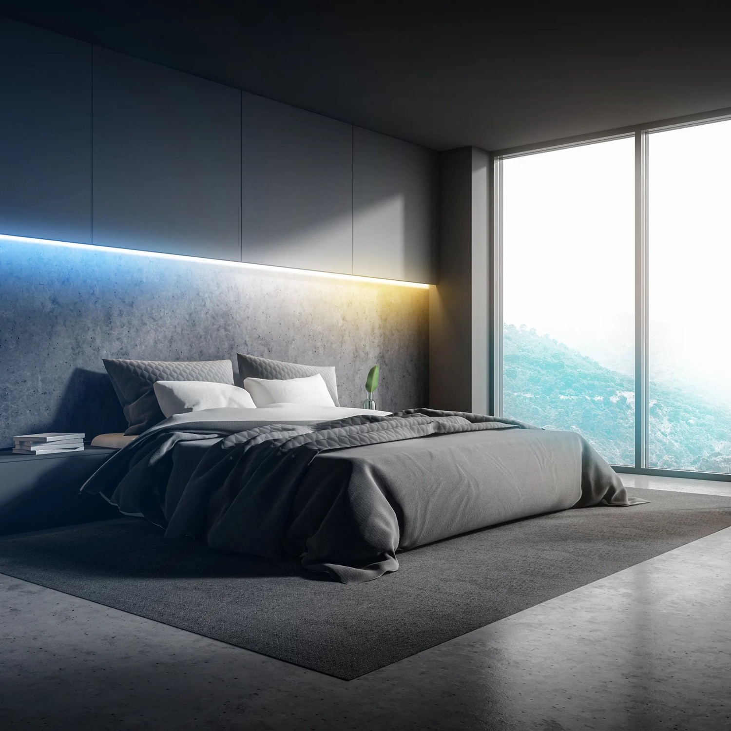Schlafzimmer mit indirekter Beleuchtung durch Brilo LED-Band RGBIC, Farbe und Helligkeit einstellbar.