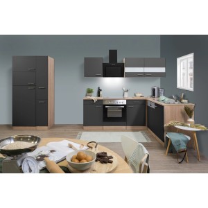 Respekta Winkelküche KBL310ESGSC in Grau und Eiche Sonoma Nachbildung mit E-Geräten.