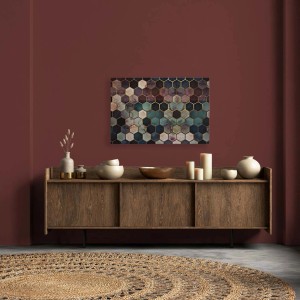 Leinwandbild mit Aquarell-Optik, Wabenmuster in Blau, Lila und Gold, 120x80 cm. Dekorative Wanddekoration.