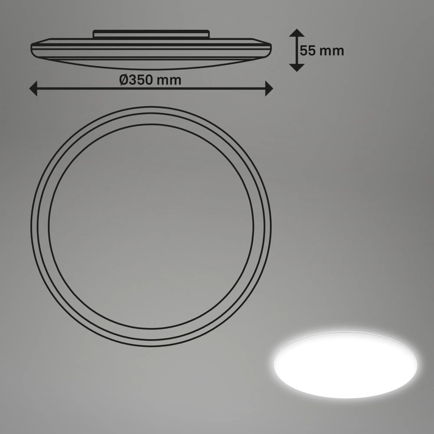 Skizze und Foto: Runde, weiße Briloner LED Feuchtraumleuchte, 35cm, rahmenlos, für Deckenmontage.