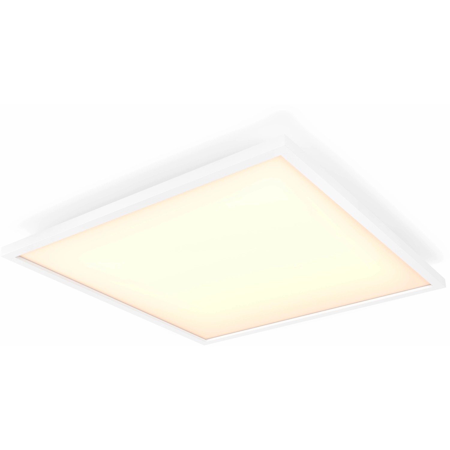 Eckige, weiße Philips Hue LED Deckenleuchte Aurelle, 30x30 cm, mit warmweißem Licht.