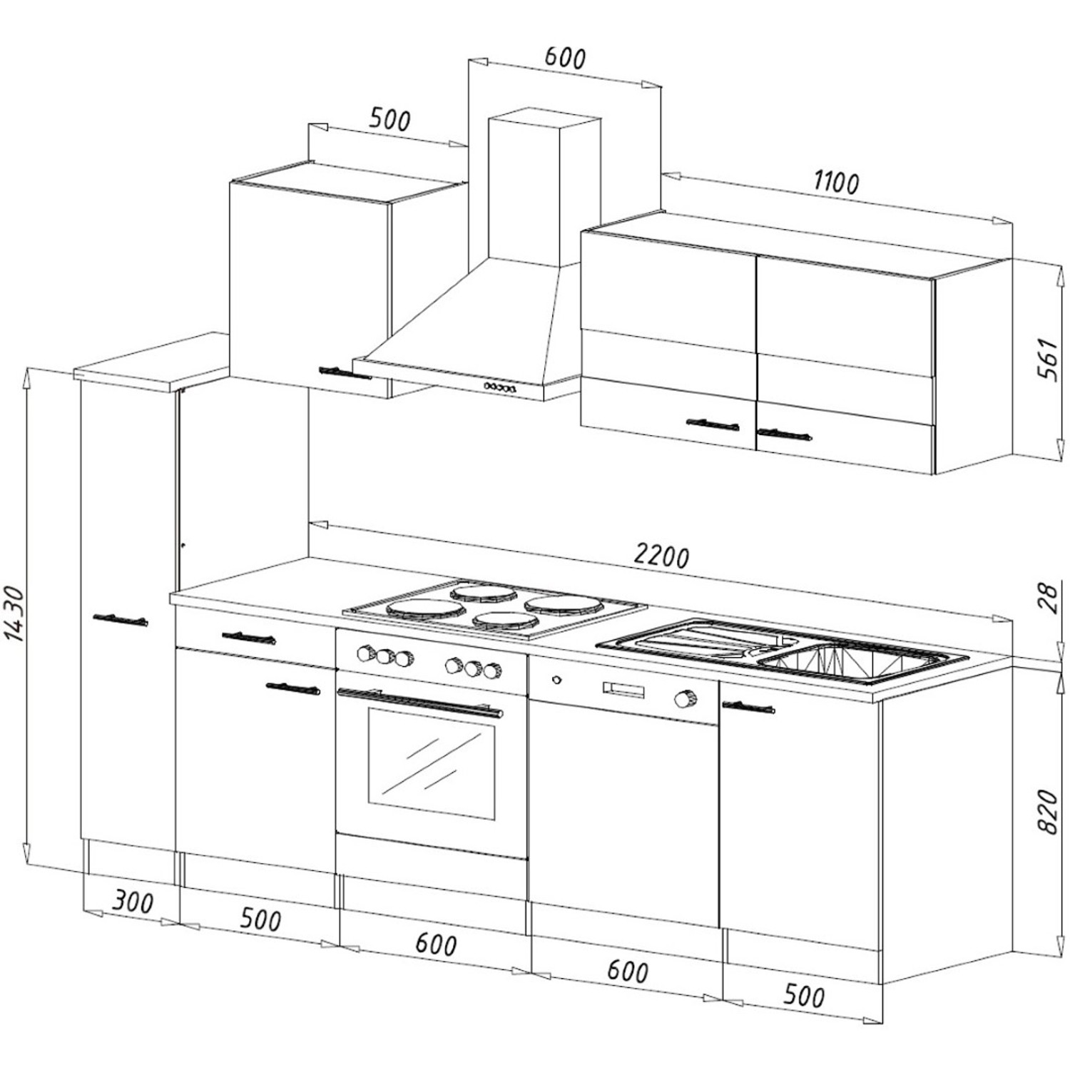Skizze der Respekta Küchenzeile KB250ESG, 250 cm, Grau-Eiche, mit Elektrogeräten und Maßen.