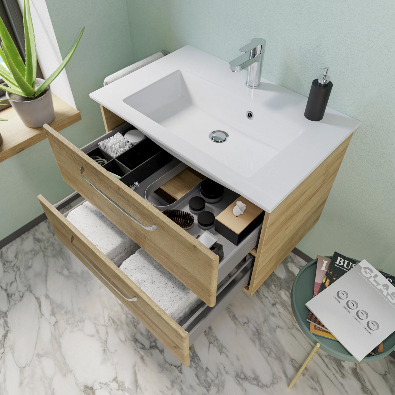 Pelipal Badmöbel-Set Trentino mit Waschbecken, Unterschrank und Spiegelschrank in Weiß und Riviera Eiche Optik.