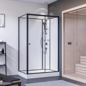 Breuer Komplettdusche 120x90 cm, schwarzer Rahmen, Schiebetür rechts, mit Armatur und Duschwanne.