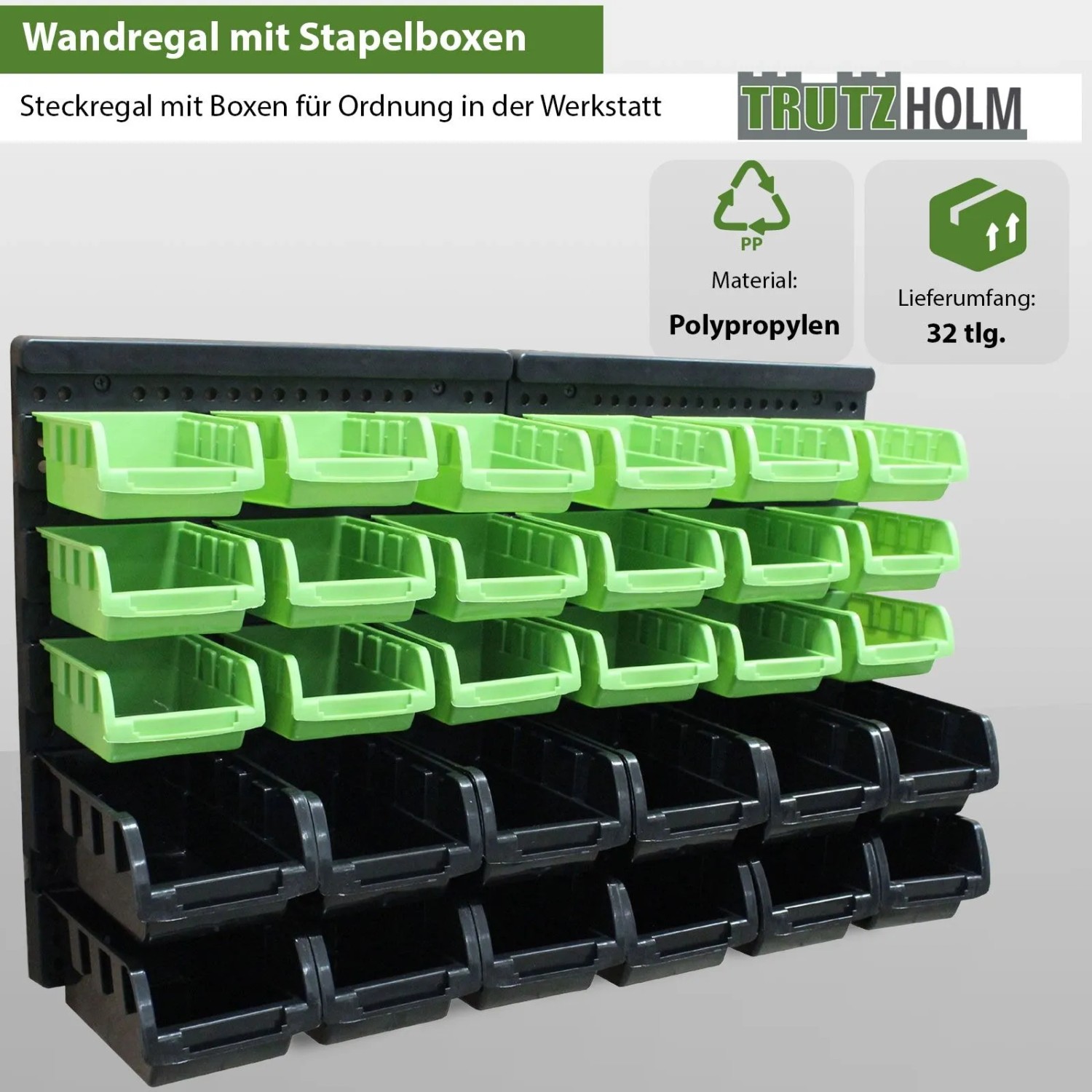 TRUTZHOLM Werkzeugschrank mit 32 Stapelboxen (schwarz/grün) und Wandregal zur Beschriftung.