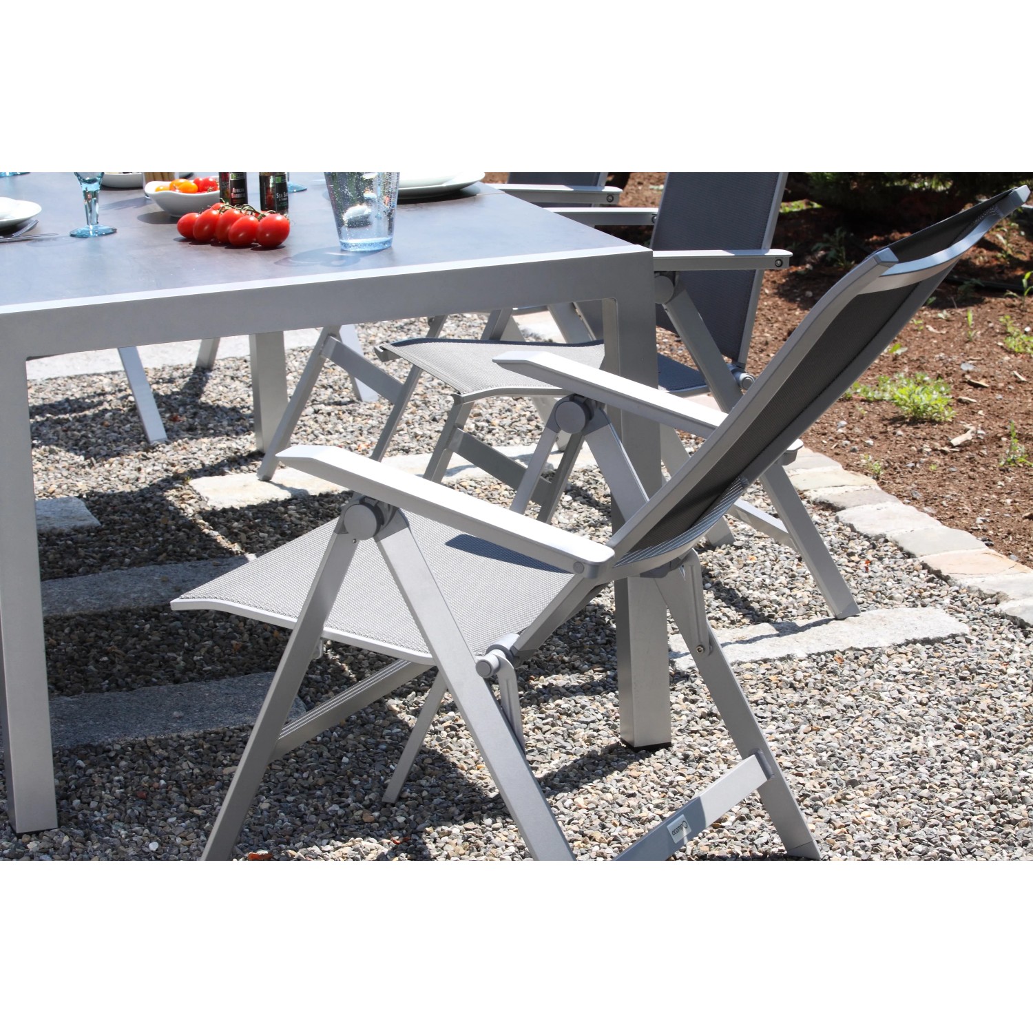 Acamp Gartenmöbel-Set: 4 Klappsessel Urban, 1 Tisch Acaplan Loft (160x90 cm), Platin-Schiefer. Aluminiumgestell, Topalit-Tischplatte.