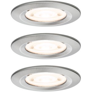Drei runde Paulmann LED Einbaustrahler Nova aus gebürstetem Eisen, warmweißes Licht, IP44.