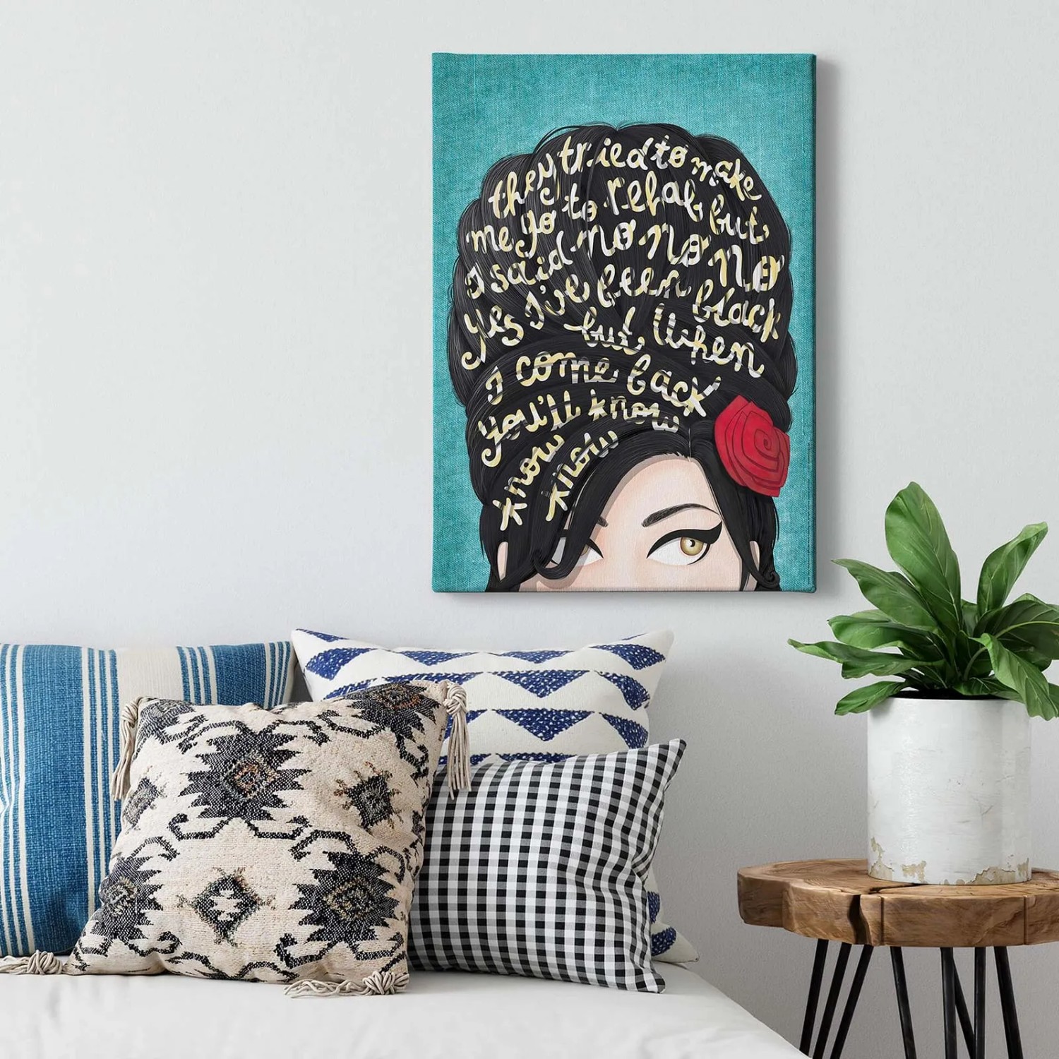 Modernes Wandbild im Retro-Stil mit Frauenkopf und Spruch im 60er-Jahre-Stil als Leinwandbild für Wohnzimmer.