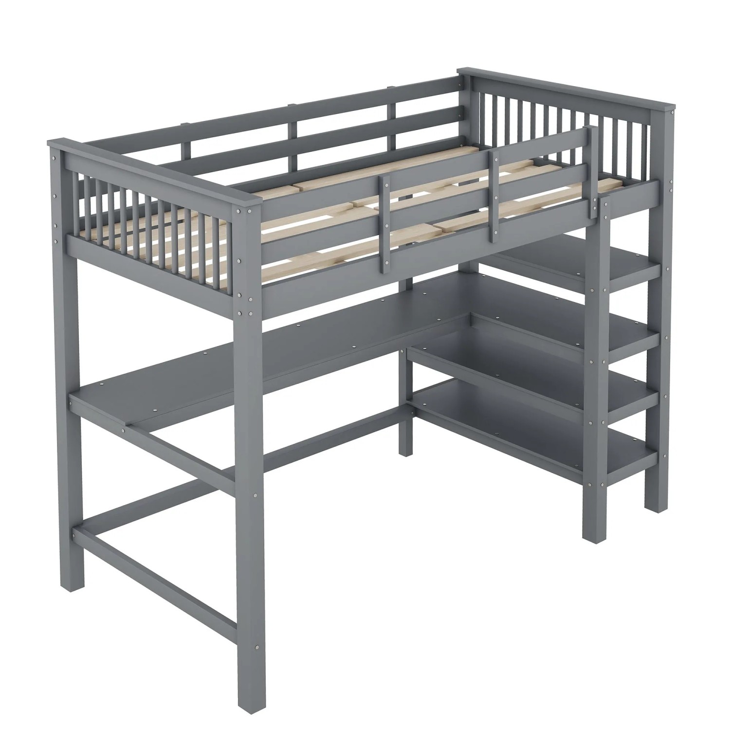 okwish Hochbett 90×200 Kinderbett mit Ablagefächern und Unterbettschreibtisch ohne Matratze