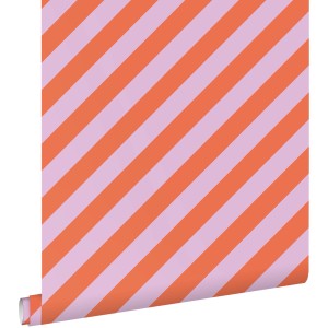 ESTAhome Streifen Tapete in Violett und Orange (50x900cm). Dekorative Vliestapete mit schrägen Streifen.