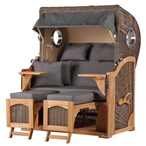 Komplettset: Grauer Strandkorb Ammersee aus Teakholz mit Bullauge, Fußstützen und Bistrotischen.