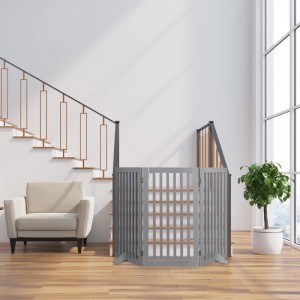 Graues Relaxdays Absperrgitter aus MDF mit Tür, verstellbar, für Hunde und Haustiere.