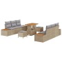 Beiges 9-teiliges Garten-Sofa-Set aus Poly Rattan mit Kissen und Tisch.