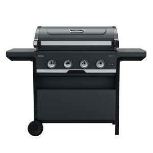 Campingaz Gasgrill Select 4 L, schwarzer Grill mit 4 Brennern und Seitenablagen.