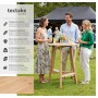 Tectake Stehtisch Trix aus Holz, rund, klappbar, mit Gästen im Garten.