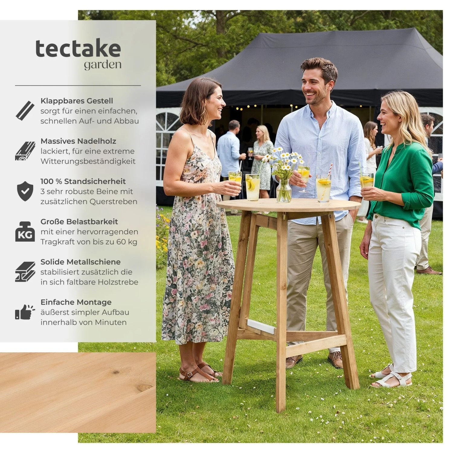 Tectake Stehtisch Trix aus Holz, rund, klappbar, mit Gästen im Garten.
