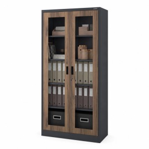 JAN NOWAK Metallschrank mit Vitrine AMELIA 185x90x40 cm Anthrazit Nussbaum