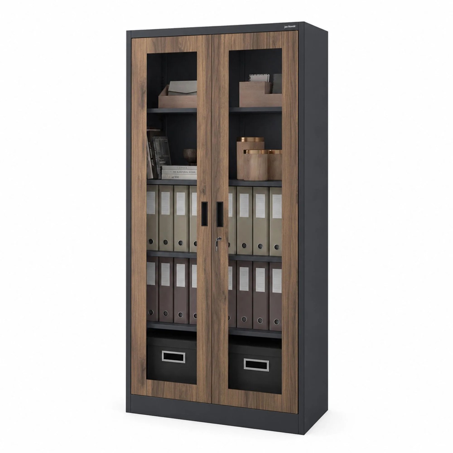 JAN NOWAK Metallschrank mit Vitrine AMELIA 185x90x40 cm Anthrazit Nussbaum