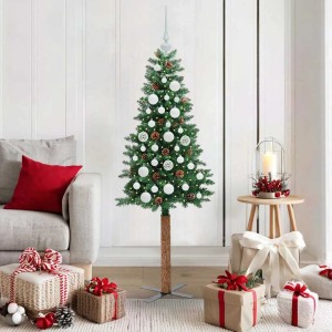 Schlanker grüner Weihnachtsbaum, 150 cm, mit weißen Kugeln, Zapfen, 150 LEDs, Holzstamm und Metallständer.