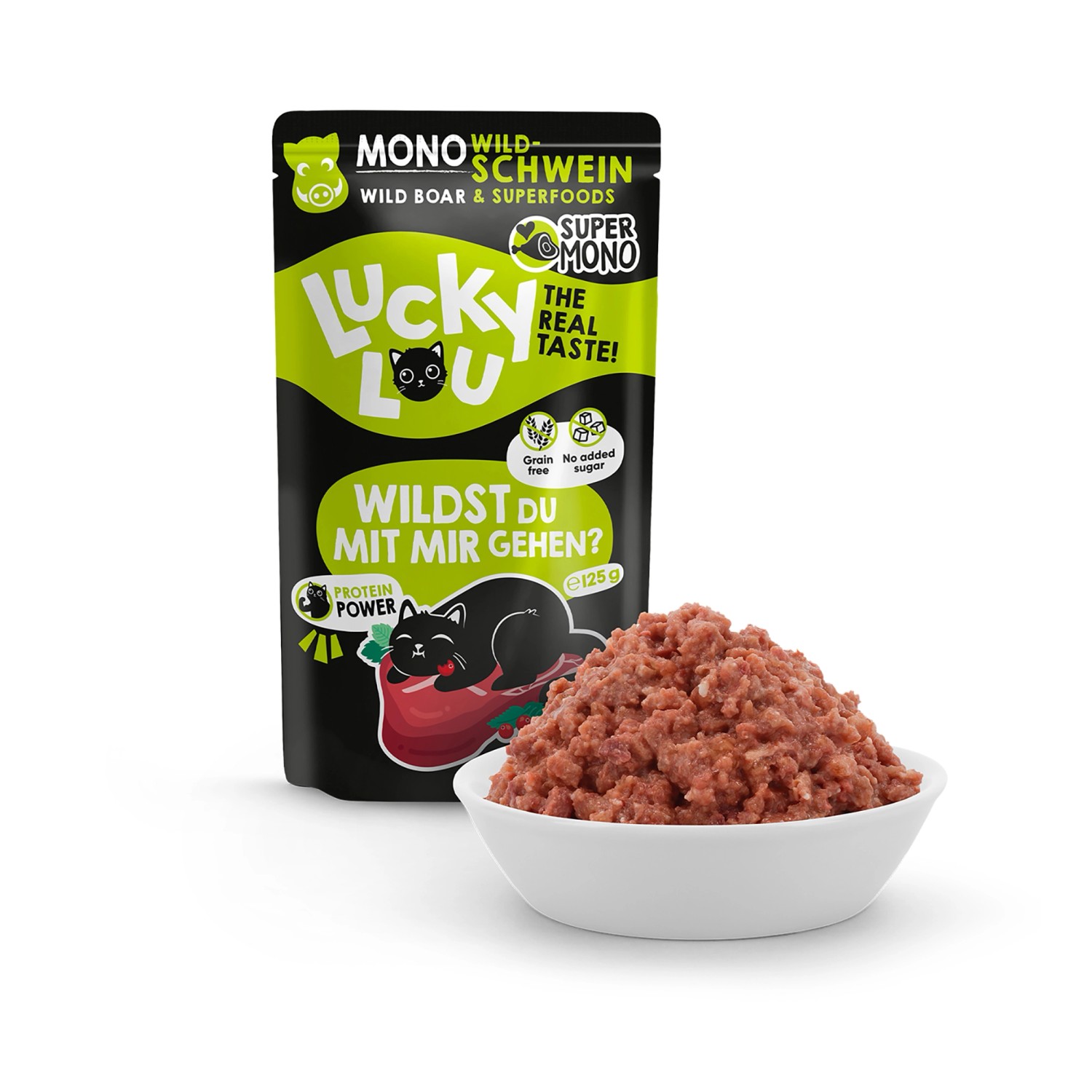 Lucky Lou Katzen-Nassfutter Wildschwein, 125g Packung und Schale mit Futter.