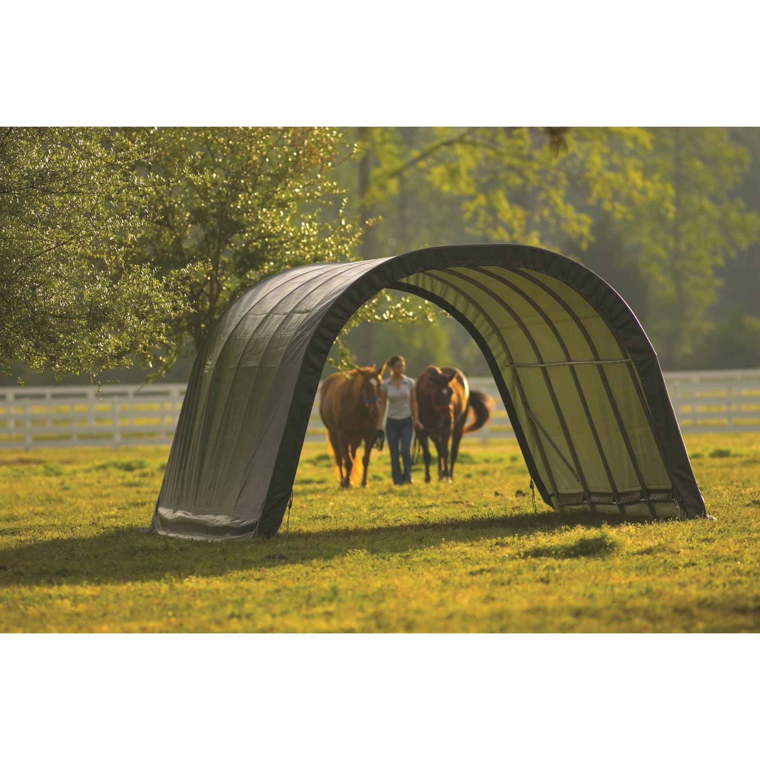 ShelterLogic Weidezelt im Grünen mit Pferden. Ordnungssystem für den Garten.