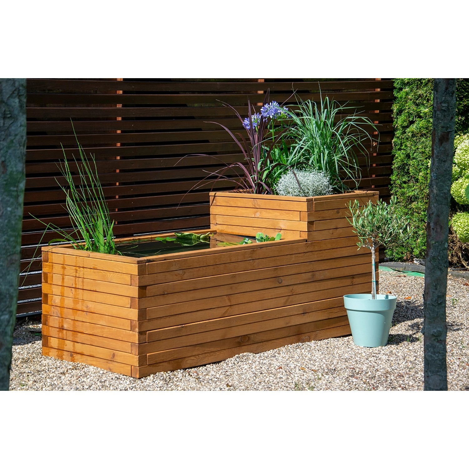 Dobar Hochteich Superb aus Kiefernholz mit Teichfolie, braun, 180x78x80cm, bepflanzt.