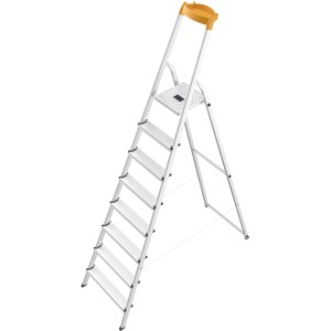 Hailo Alu-Sicherheits-Stehleiter mit 8 Stufen, silberfarben mit gelbem Haltebügel.